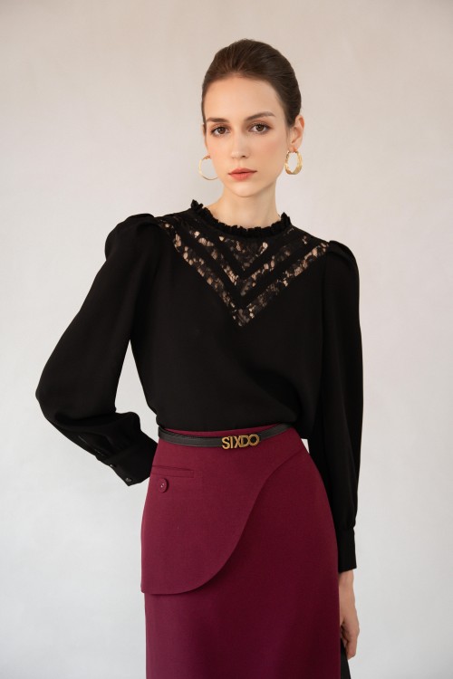 Sixdo Black Long Sleeves Woven Blouse